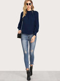 Mock Neck Lantern Sleeve Shirt - Trendsi