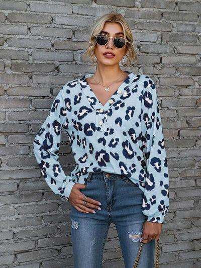 Leopard V-Neck Decorative Button Long Sleeve Blouse - Trendsi - Flyclothing LLC