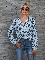 Leopard V-Neck Decorative Button Long Sleeve Blouse - Trendsi