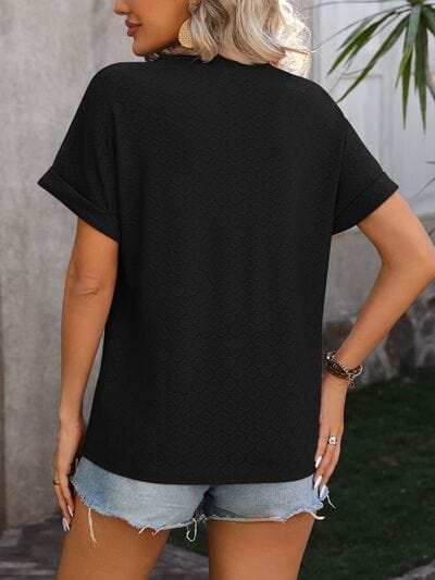 Eyelet Notched Short Sleeve T-Shirt - Trendsi - Flyclothing LLC