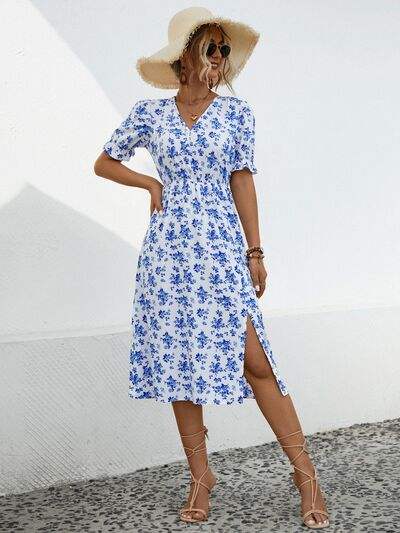 Slit Printed V-Neck Short Sleeve Dress - Trendsi - Flyclothing LLC