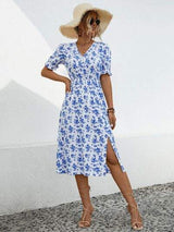 Slit Printed V-Neck Short Sleeve Dress - Trendsi - Flyclothing LLC