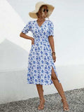 Slit Printed V-Neck Short Sleeve Dress - Trendsi - Flyclothing LLC