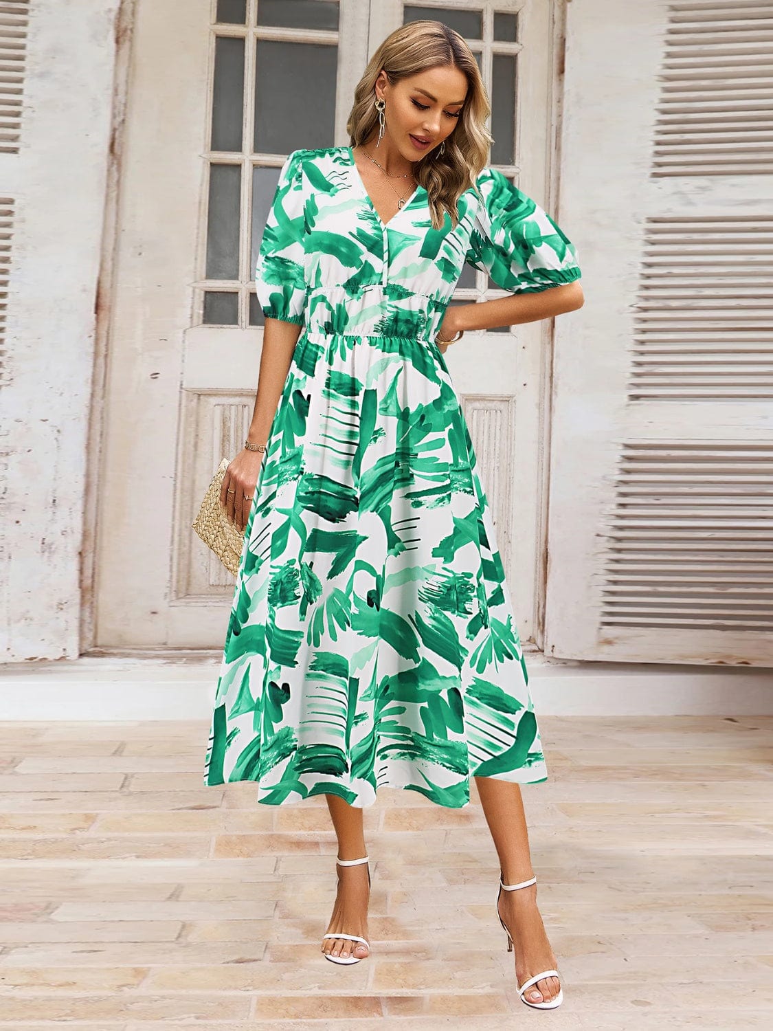 Ruched Printed Surplice Short Sleeve Dress - Trendsi