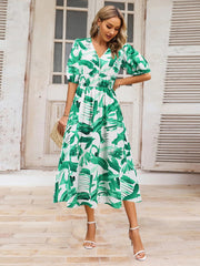 Ruched Printed Surplice Short Sleeve Dress - Trendsi
