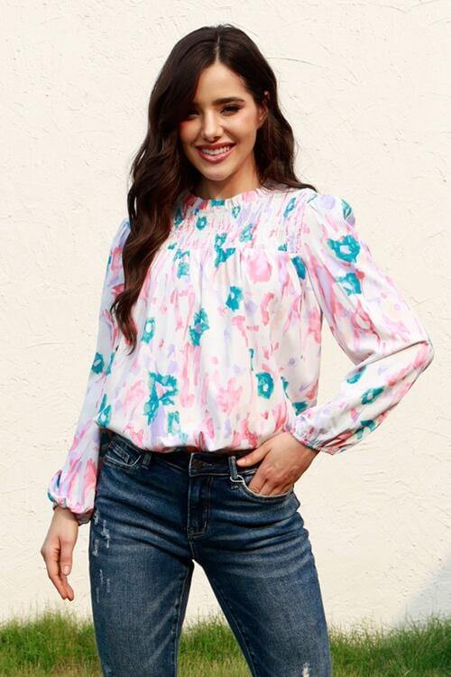 Floral Smocked Balloon Sleeve Round Neck Blouse - Trendsi