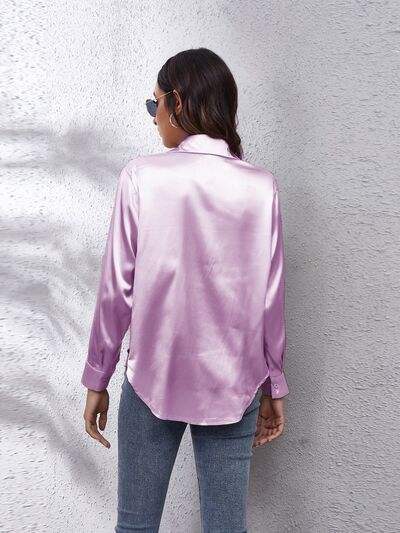 Button Up Collared Neck Long Sleeve Shirt - Trendsi - Flyclothing LLC