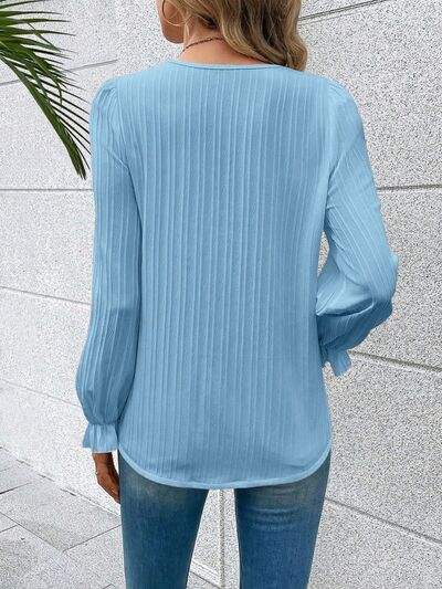 V-Neck Lace Detail Flounce Sleeve Blouse - Trendsi - Flyclothing LLC