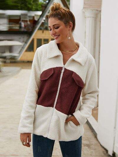 Plush Contrast Zip Up Coat - Trendsi - Flyclothing LLC