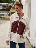 Plush Contrast Zip Up Coat - Trendsi - Flyclothing LLC