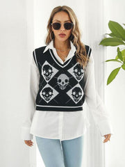 Skull Contrast V-Neck Sweater Vest - Flyclothing LLC