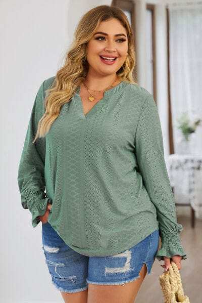 Plus Size Eyelet Notched Flounce Sleeve Blouse - Trendsi - Flyclothing LLC