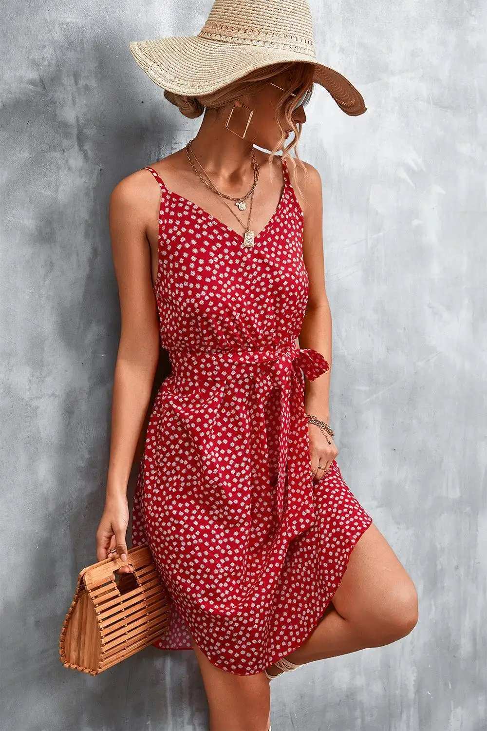 Printed V-Neck Tie Waist Mini Dress - Trendsi - Flyclothing LLC