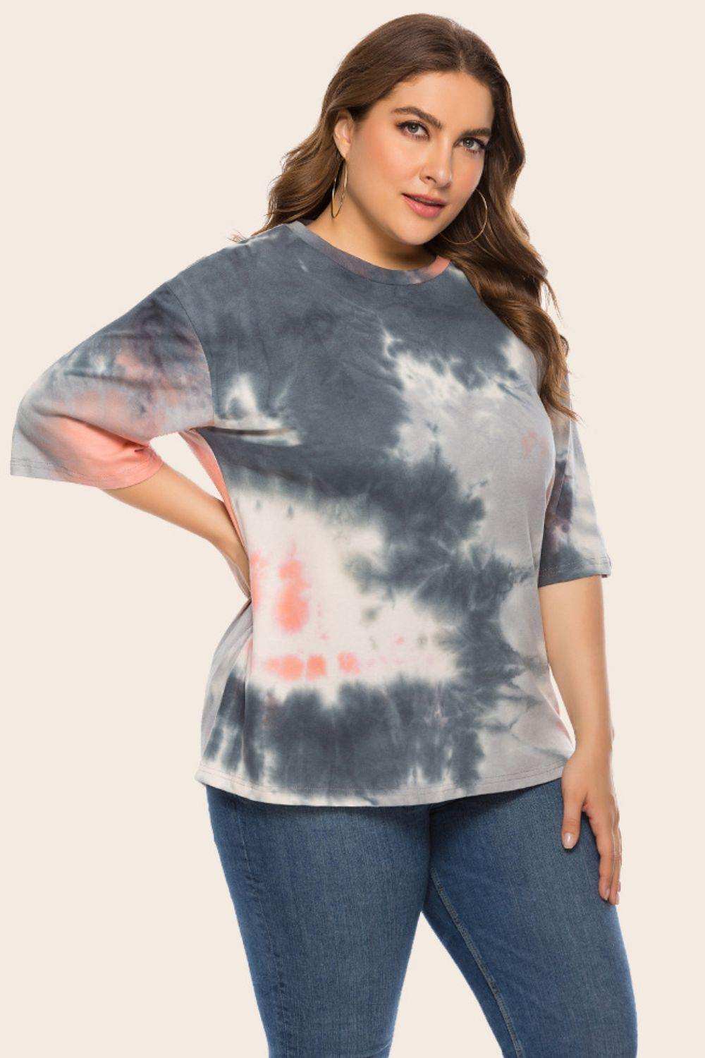 Plus Size Tie-Dye Half Sleeve Tee Shirt - Trendsi - Flyclothing LLC