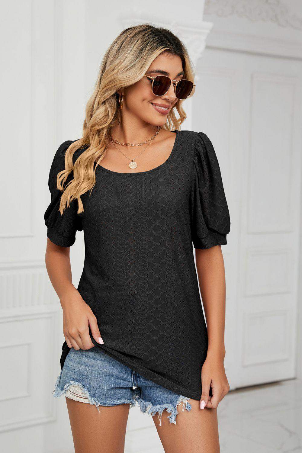 Eyelet Puff Sleeve Round Neck Top - Trendsi - Flyclothing LLC