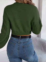 Cable-Knit Round Neck Cropped Sweater - Trendsi