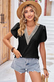 Eyelet V-Neck Petal Sleeve T-Shirt - Trendsi - Flyclothing LLC