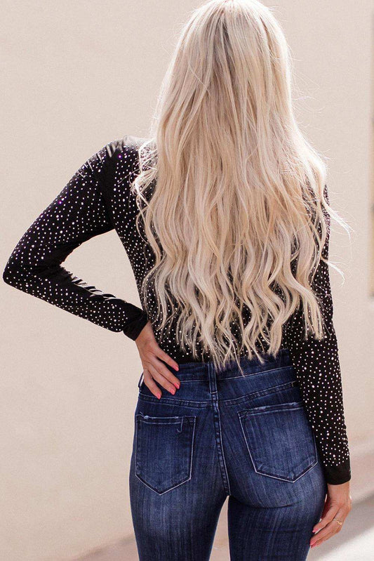 Rhinestone Round Neck Long Sleeve Bodysuit - Trendsi - Flyclothing LLC