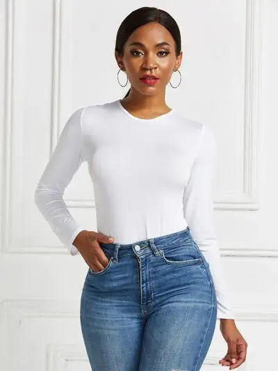Round Neck Long Sleeve Bodysuit - Trendsi - Flyclothing LLC