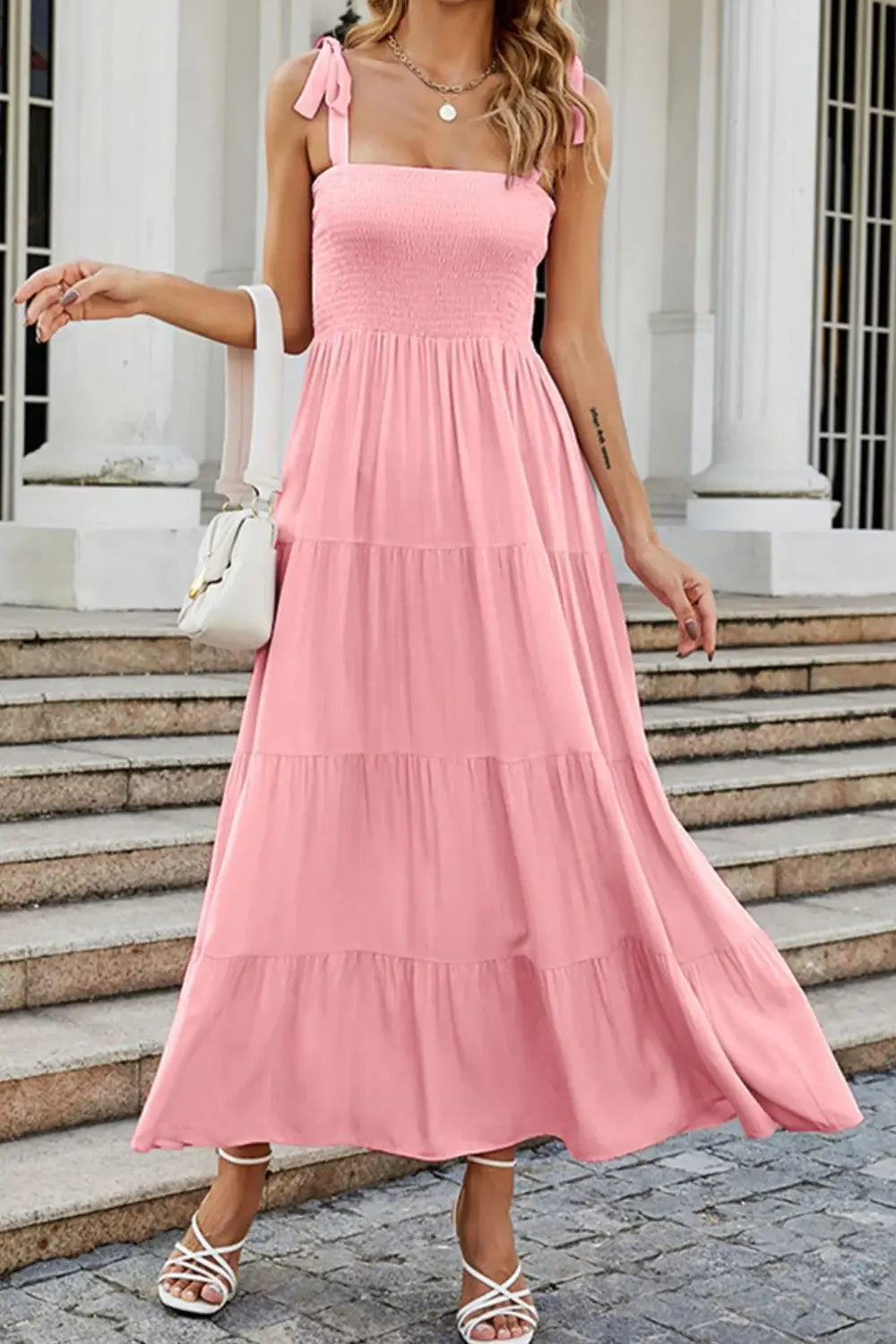 Tie-Shoulder Smocked Tiered Dress - Trendsi - Flyclothing LLC