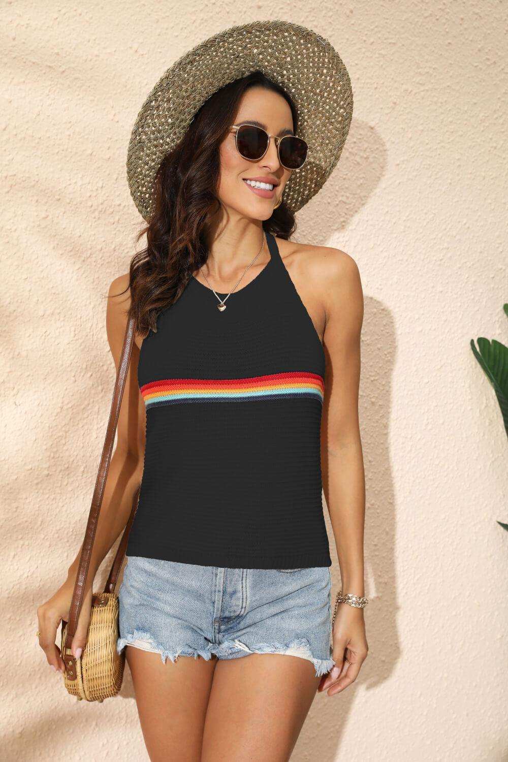Rainbow Stripe Halter Neck Knit Tank - Trendsi - Flyclothing LLC