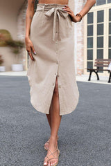 Tie Belt Frill Trim Buttoned Skirt - Flyclothing LLC