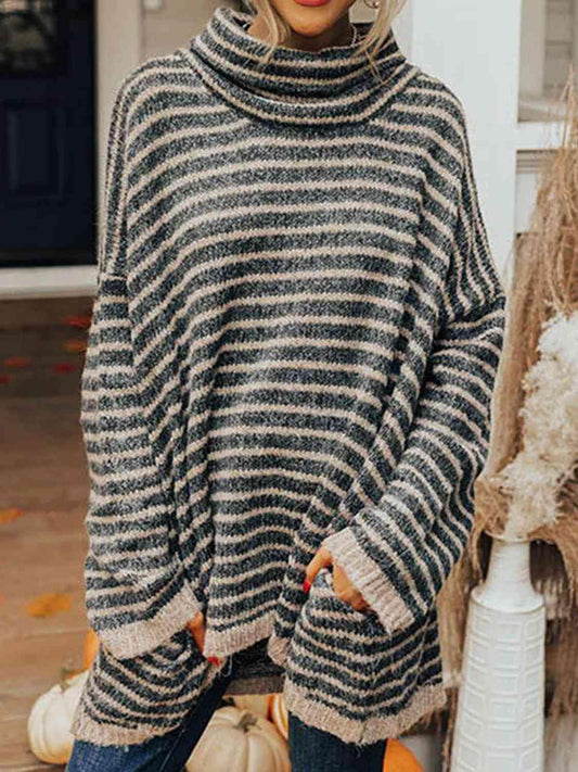 Striped Turtleneck Sweater with Pockets - Flyclothing LLC