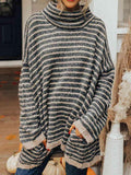 Striped Turtleneck Sweater with Pockets - Trendsi