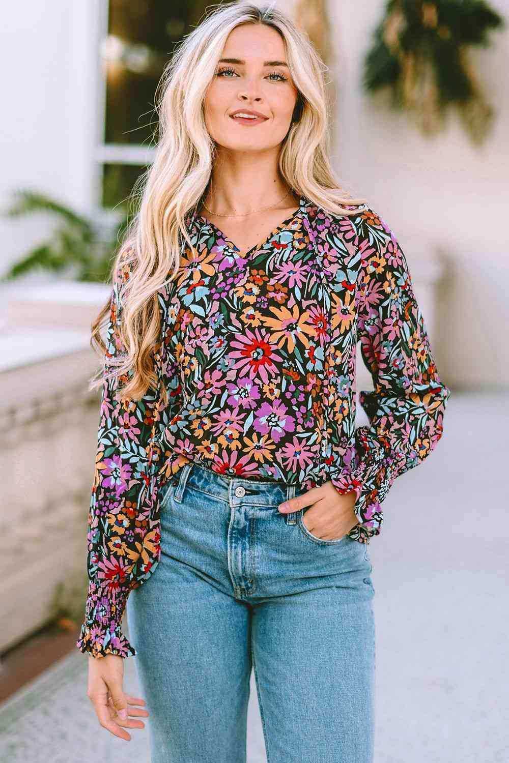 Floral Tie Neck Flounce Sleeve Blouse - Trendsi - Flyclothing LLC