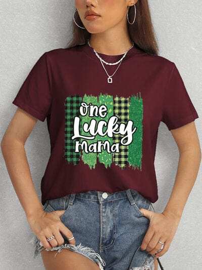 ONE LUCKY MAMA Round Neck T-Shirt - Trendsi - Flyclothing LLC