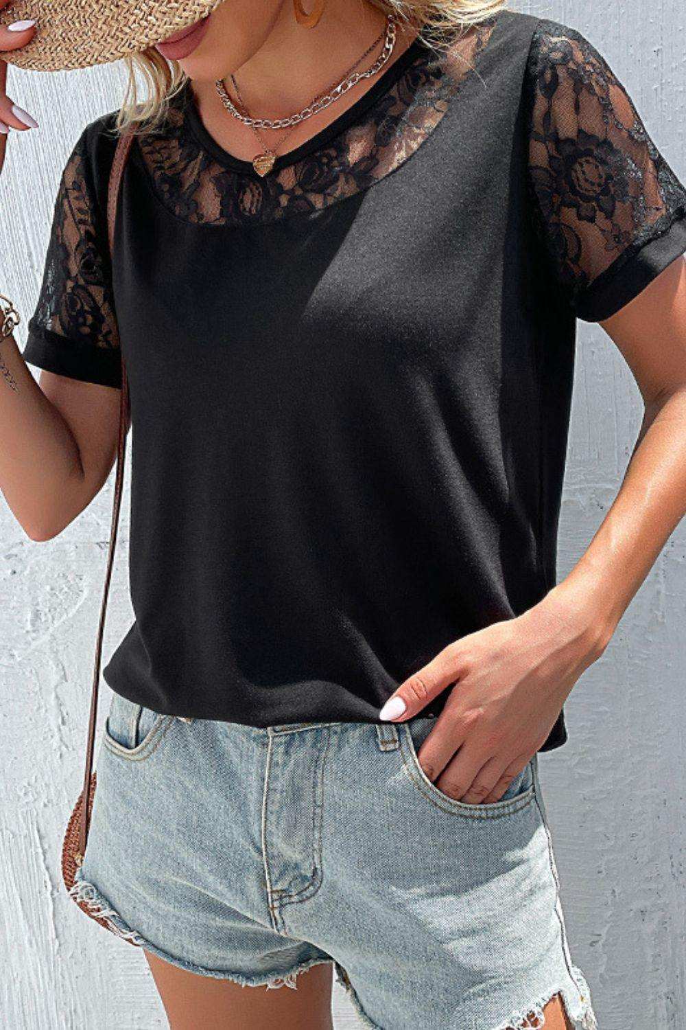 Spliced Lace Round Neck Short Sleeve Top - Trendsi - Flyclothing LLC