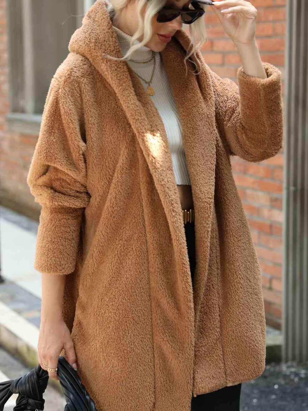 Open Front Hooded Teddy Coat - Trendsi - Flyclothing LLC