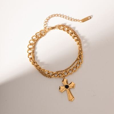 Stainless Steel Imitation Gemstone Cross Shape Pendant Bracelet - Trendsi