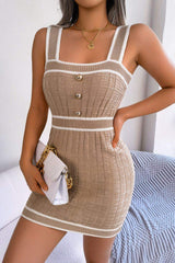 Contrast Trim Decorative Button Sleeveless Knit Dress - Trendsi - Flyclothing LLC