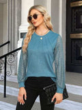 Waffle-Knit Round Neck Long Sleeve Blouse - Trendsi - Flyclothing LLC