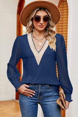Openwork V-Neck Long Sleeve T-Shirt - Trendsi - Flyclothing LLC