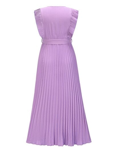 Tied Surplice Cap Sleeve Pleated Dress - Flyclothing LLC
