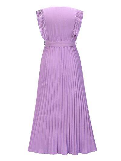 Tied Surplice Cap Sleeve Pleated Dress - Trendsi - Flyclothing LLC