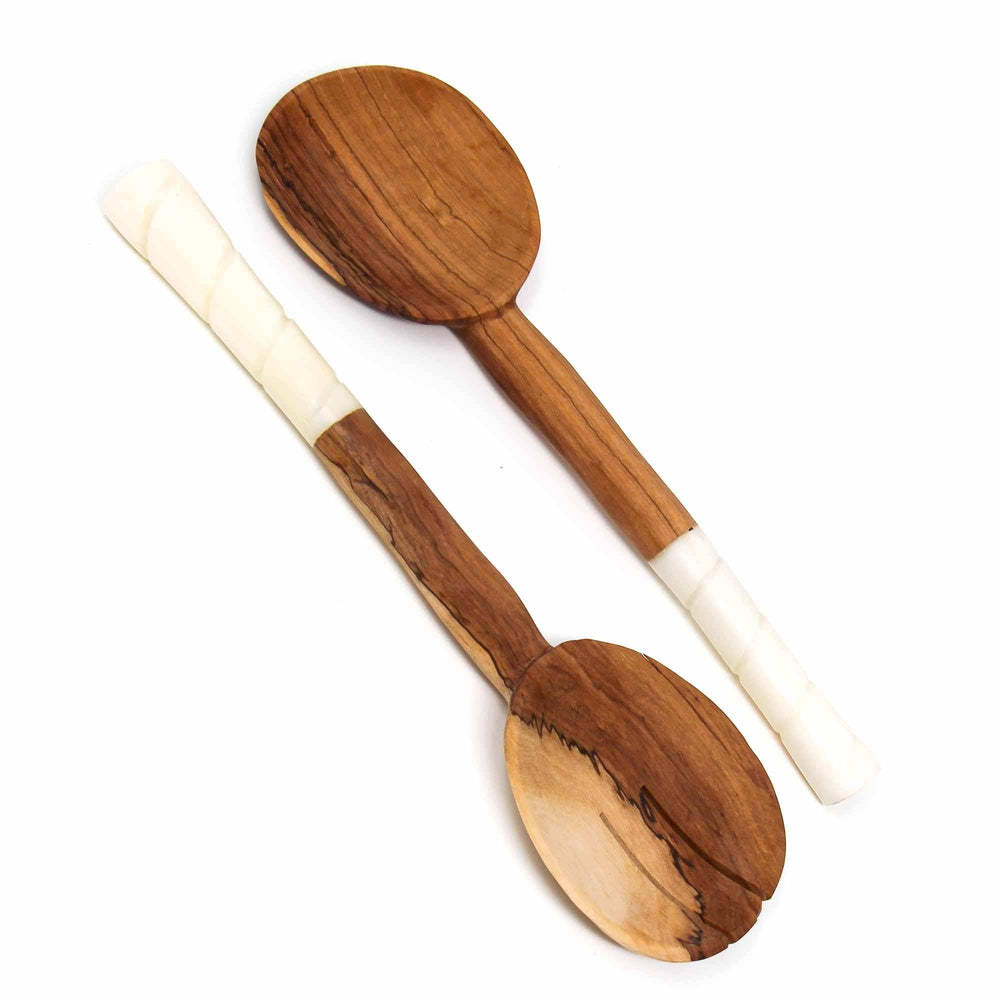 Olive Wood Salad Servers with Bone Handles, White with Etching Design - Jedando - Flyclothing LLC