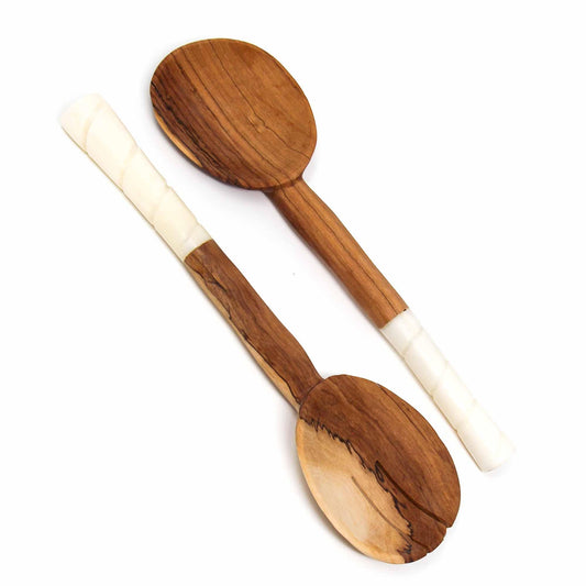 Olive Wood Salad Servers with Bone Handles, White with Etching Design - Flyclothing LLC