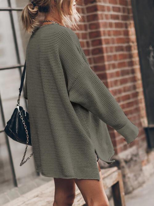 Openwork Round Neck Long Sleeve Slit Sweater - Trendsi