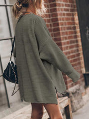 Openwork Round Neck Long Sleeve Slit Sweater - Trendsi