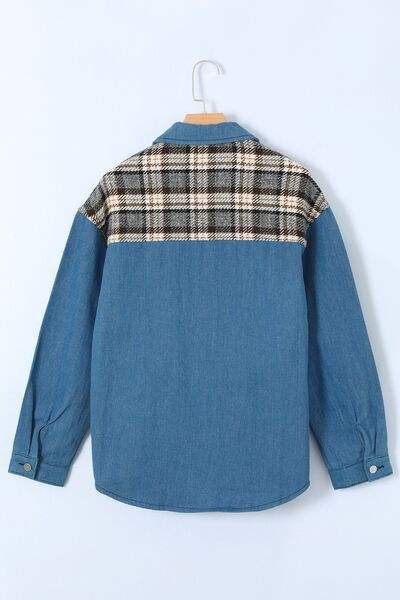 Plaid Pocketed Button Up Denim Jacket - Trendsi - Flyclothing LLC