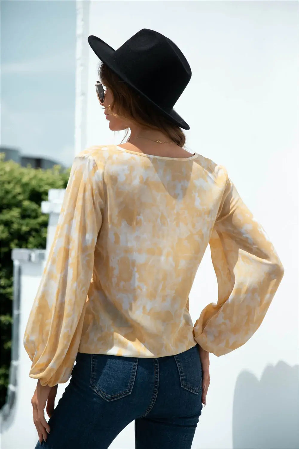 Tie-Dye Tied Balloon Sleeve Blouse - Trendsi - Flyclothing LLC
