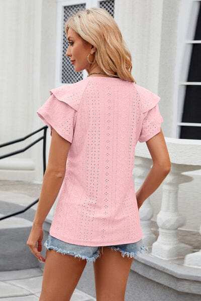 Eyelet Notched Short Sleeve T-Shirt - Trendsi - Flyclothing LLC