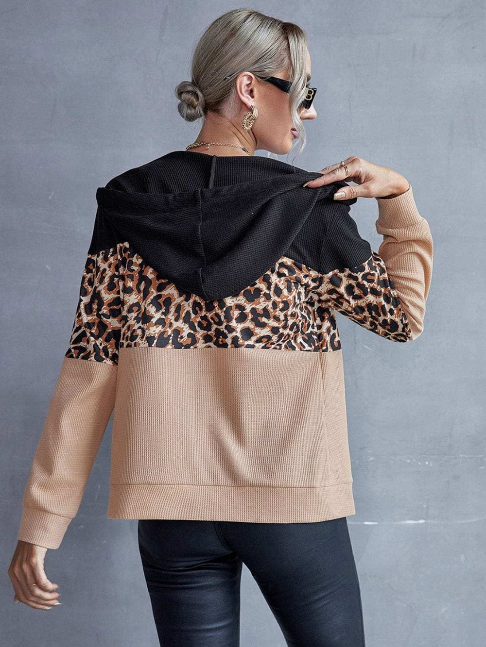 Drawstring Leopard Zip Up Hooded Jacket - Trendsi - Flyclothing LLC