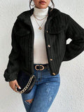 Fuzzy Button Up Collared Neck Jacket - Trendsi