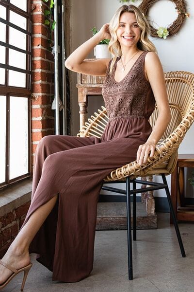 First Love Tie Back Sleeveless Slit Wide Leg Jumpsuit - Trendsi