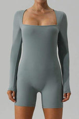 Square Neck Long Sleeve Active Romper - Trendsi - Flyclothing LLC