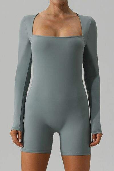Square Neck Long Sleeve Active Romper - Trendsi - Flyclothing LLC
